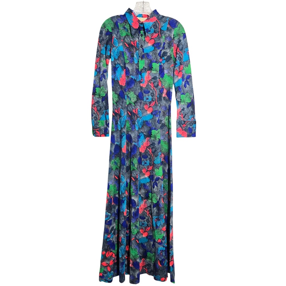 Vtg 70s Zerlina Italian Maxi Dress Blue Green Floral Abstract Long Sleeve